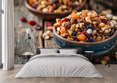 Bowl with a mixture of dried fruit and nuts on an old kitchen table Wall mural