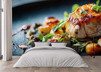 Close-up of a beautifully plated gourmet dish on a dark background Wall mural