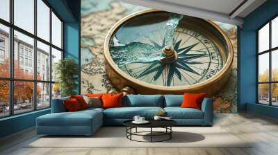 Close-up of a compass with a cracked glass face, lying on a world map from centuries ago Wall mural