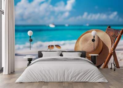 coconut water on comfortable chair and sea hat and sunglasses on the beach Wall mural