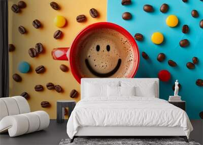 Coffee in red cup on a table surrounded by coffee beans coffee in the shape of a smile isolated on colorful background Wall mural