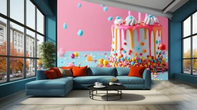 Colorful cake candle and sweet candies spreading pastry decoration isolated on colorful background Wall mural