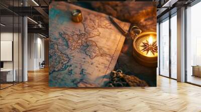 Compass and map set beside a flickering candle, casting warm light on an explorer s tools Wall mural