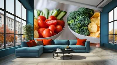 Culinary food concept, featuring healthy and assorted vegetables in a glass bowl on the left hand, with potato chips or tortilla chips in the right hand, set against a grey background Wall mural