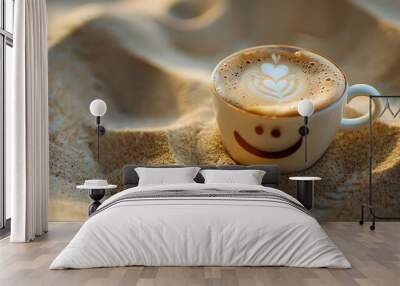 Cup of coffee smiley on sand sea background Wall mural