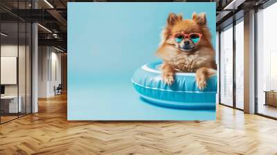 Cute pomeranian dog summer inside of an blue striped infltable ring going on vacations isolated on blue pastel background Wall mural