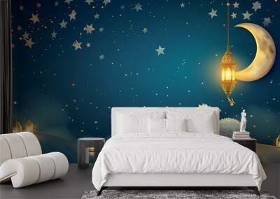 Eid al adha mubarak greeting banner cute white sheep with crescent moon and fanous lantern on blue starry background Wall mural