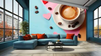 Espresso in white coffee with hearts and coffee beans isolated on colorful background Wall mural