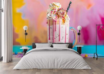 Extreme milkshake or freak shake isolated on colorful background Wall mural