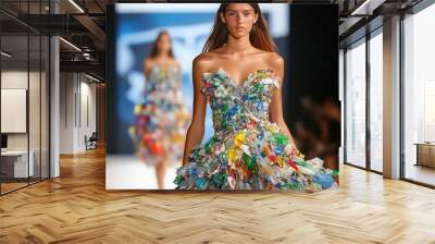 Fashion model wearing a dress made of plastic waste on a runway, Fast Fashion, sustainability, environmental statement, concept art Wall mural