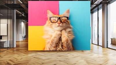 Fluffy ginger cat in glasses isolated on colorful background Wall mural