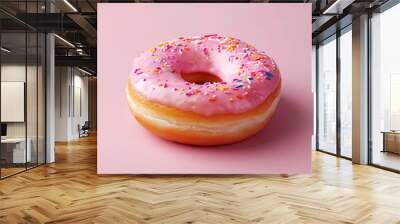 Food and drink single pink donut isolated on pink background Wall mural