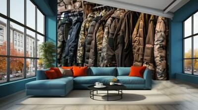 Hunting clothing in army shop Wall mural