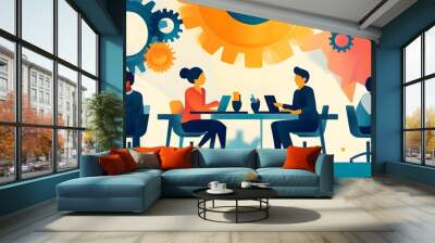 Illustration of diverse people sitting around a table, working together on a project with gears and abstract shapes in the background representing innovation, a business team work concept Wall mural