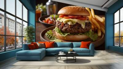 Large, abundant and tasty Hamburger with french fries. Set of hamburger beer and french fries. A standard set of drinks and food in the pub, beer and snacks. Dark background, fast food. Wall mural