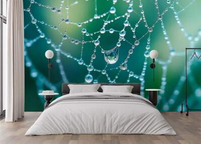 Macro photography of water droplets on a spider web Wall mural