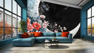 painting of a crescent with flowers and stars on a black background Wall mural