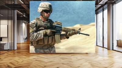 Rifle-wielding soldier in desert camo standing against a backdrop of sand dunes, intense expression of readiness, military focus, highlighting preparation and strength Wall mural