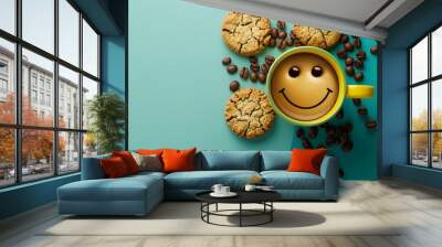 Smiley of coffee beans and cookies whit green and yellow cup isolated on colorful background Wall mural