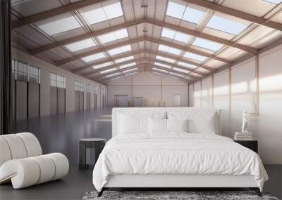 Spacious warehouse interior with skylights, clean and bright logistics setup Wall mural