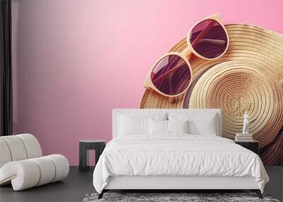 summer accessories concept from sunglasses straw hat on pastel pink background Wall mural