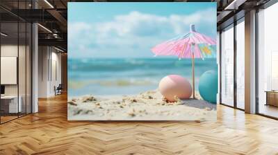 Two easter eggs with cocktail umbrella on the sandy beach Wall mural