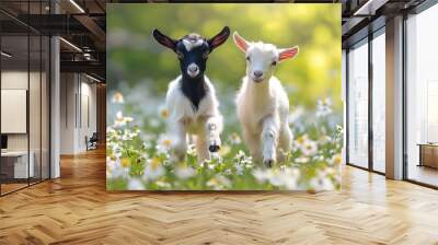 Two little funny baby goats playing in the field with flowers Wall mural