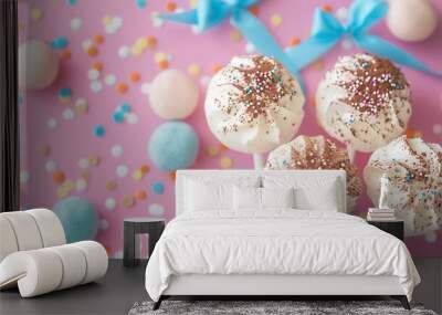 White Lollipop Meringue Dessert Sprinkled with Cocoa Powder Skewers are adorned with a blue bow isolated on colorful background with colorful toppings Wall mural