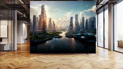 A futuristic city or city of the future from science fiction at sunset with the skyscrapers lighten by golden hour in the middle of a cloudy blue sky, near a river.  Wall mural