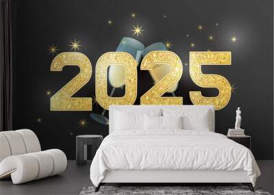 biglietto o striscione per augurare un felice anno nuovo 2025 in oro su sfondo nero con stelle e due flute di champagne Wall mural