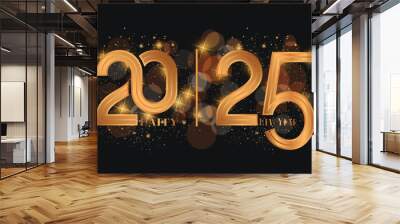 card or banner to wish a happy new year 2025 in gold and black on a black background with circles in bokeh effect Wall mural