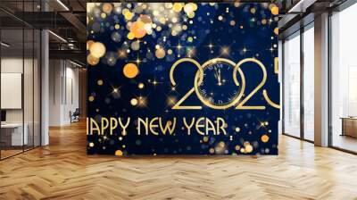 card or banner to wish a happy new year 2025 in gold with gold-colored circles and glitter in bokeh effect on a blue background Wall mural