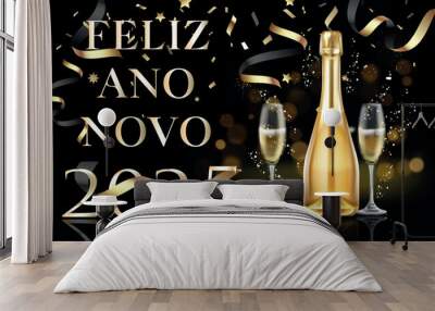 cartão ou banner para desejar um feliz ano novo 2025 em ouro com uma garrafa e duas taças de champanhe em um fundo preto com círculos e serpentinas de efeito bokeh Wall mural