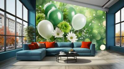 illustration d'un bouquet de fleurs et de ballons dans les teintes vert et blanc sur un fond vert avec des ronds en effets bokeh Wall mural