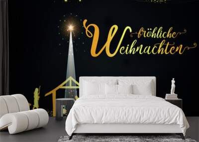 Karte oder Banner auf Merry Christmas in Gold auf schwarzem Hintergrund mit Glitzer und einer Krippe mit Tieren und den Heiligen Drei Königen in Gold Wall mural