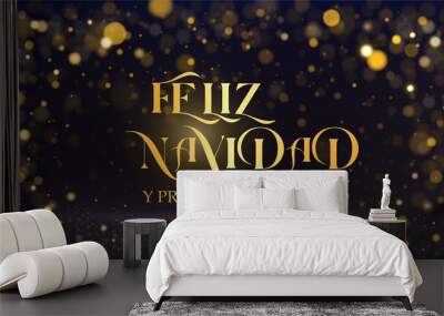 Tarjeta o banner en feliz navidad y próspero año nuevo en oro sobre fondo negro con efecto bokeh redondo en color dorado Wall mural