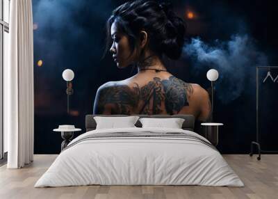 woman with saber in hand, bare back, tattoos, Japanese features, night black background, cinematography, smoke, Wall mural