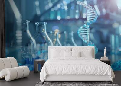 A blue DNA strand is displayed in a lab setting with various glass beakers Wall mural