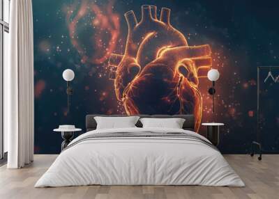 A digital illustration of a human heart that glows with an intricate network of light. Wall mural