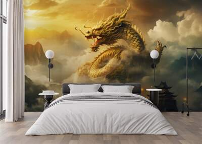 A Dragon Golden Chinese on foggy Clouds Wall mural