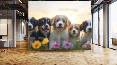 A group of playful puppies exploring a field of flowers, sniffing around with curiosity and excitement. Wall mural