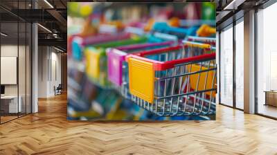 A row of shopping carts with colorful baskets Wall mural