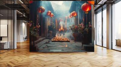 A traditional Chinese ghost festival with offerings laid out in a dimly lit alley, surrounded by incense smoke and paper lanterns, Wall mural