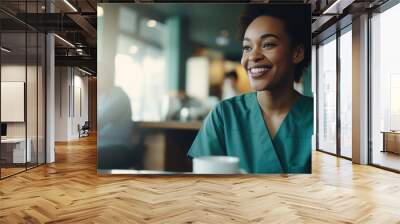 A young nurse in uniform talking and drinks coffee in the store before going to work Wall mural