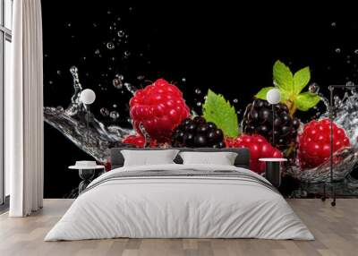 blackberry and red fresh water splashing on the isolated background Wall mural