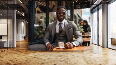 businessman drinking coffee in cafe Steadicam shot Wall mural