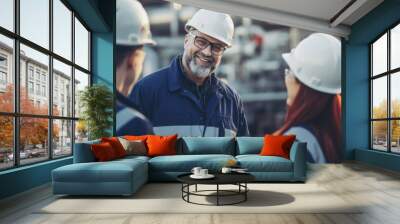 Close-up engineer team talking smile on gas power plant background Wall mural