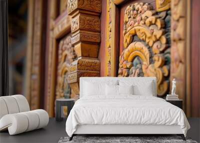 Close-up of the ornate wooden carvings on the doors of a Ladakhi monastery, showcasing intricate traditional craftsmanship Wall mural