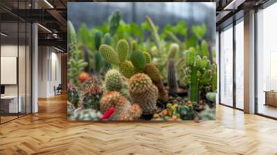 different types of cactus in the greenhouse Wall mural