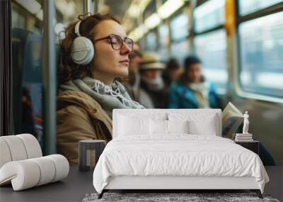 European commuters read books, listen to music Wall mural